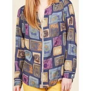 Blue Modcloth Blouse Fantasy Book XS